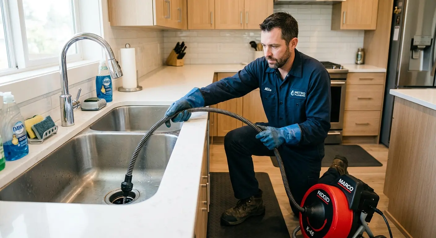 Drain cleaning technician using a motorized snake on a kitchen sink in Mount Holly