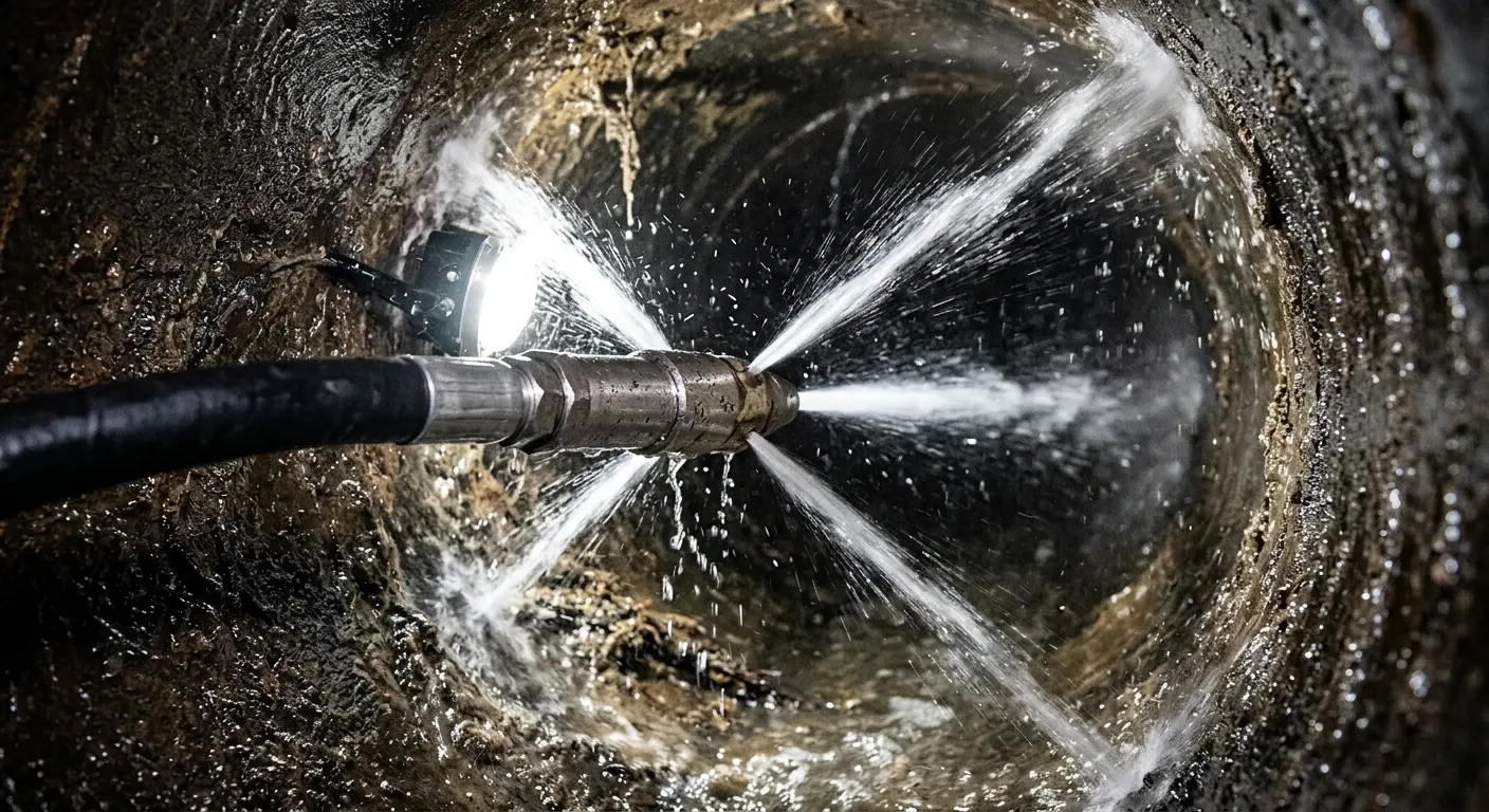 High-pressure hydro jetting nozzle cleaning sewer pipe for Emergency Drain Service in Mount Holly