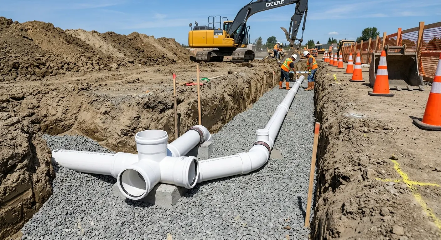 New PVC sewer pipe installation in open trench for Sewer Backup in Mount Holly