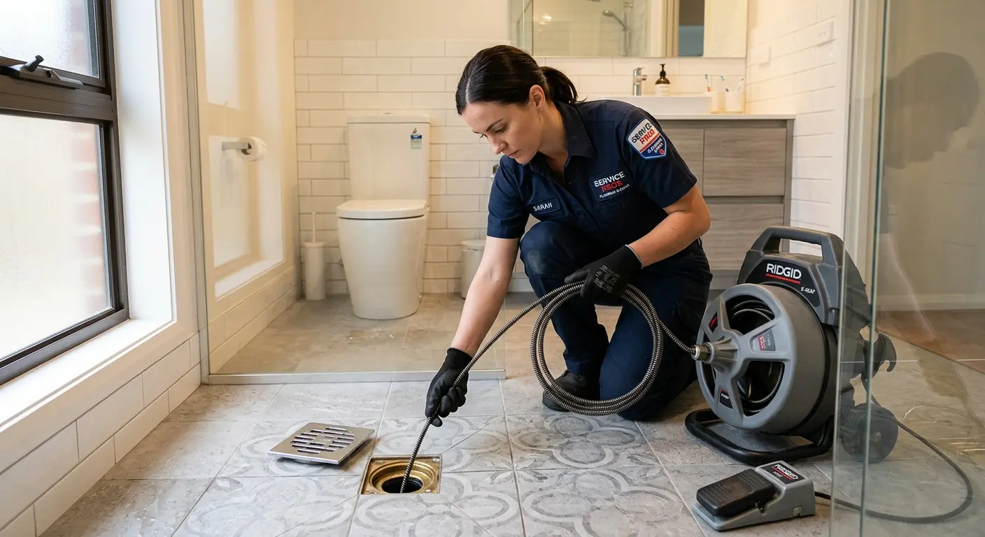 Technician clearing a bathroom floor drain for Drain Cleaning in Mount Holly